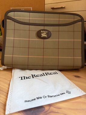 Burberry Olive Plaid Canvas Accessory Bag with Brown Trim